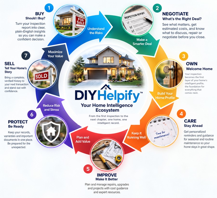 The DIYHelpify Home Intelligence Ecosystem: a seven-stage home journey around your home. Buy: should I buy? Turn your inspection report into clear, plain-English insights so you can make a confident decision. Negotiate: see what matters, get estimated costs, and know what to discuss, repair or negotiate before you close. Own: your inspection becomes the first layer of your home's intelligent profile. Care: get personalized reminders and guidance for seasonal and routine maintenance. Improve: plan and manage repairs, upgrades and projects with cost guidance. Protect: keep your records, warranties and important documents in one place. Sell: bring a complete, verified history to your next transaction and stand out with confidence.